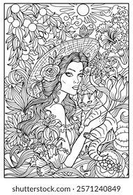 Hand drawn coloring page with beautiful girl wearing hat and holding cat against background of blooming garden with plants, flowers and fruit. Vector black and white line art illustration