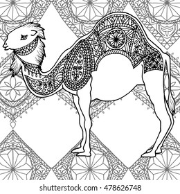 Hand drawn coloring page with camel, zentangle illustration for adult anti stress coloring books or tattoos. Vector monochrome art. Muslim, ethnic, arabic, folk ornament