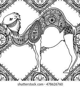 Hand drawn coloring page with camel, zentangle illustration for adult anti stress coloring books or tattoos. Vector monochrome art. Muslim, ethnic, arabic, folk ornament