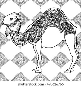 Hand drawn coloring page with camel, zentangle illustration for adult anti stress coloring books or tattoos. Vector monochrome art. Muslim, ethnic, arabic, folk ornament