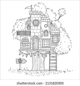 Hand drawn coloring page. Cute treehouse with grass, tree, stairway.