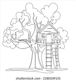 Hand drawn coloring page. Cute treehouse with grass, tree, stairway . treehouse coloring book page