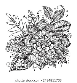 Hand drawn Coloring page doodle art, flowers colorings page, and books, a sketch of outline vector graphic hand drawn illustration isolated on white background. Pro Vector