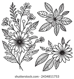 Hand drawn Coloring page doodle art, flowers colorings page, and books, a sketch of outline vector graphic hand drawn illustration isolated on white background. Pro Vector