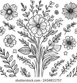 Hand drawn Coloring page doodle art, flowers colorings page, and books, a sketch of outline vector graphic hand drawn illustration isolated on white background. Pro Vector