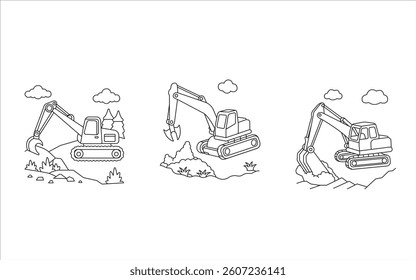 Hand drawn coloring page of excavator set Kids friendly a cute Vector illustration line artwork 
