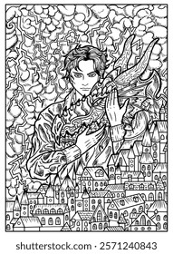 Hand drawn coloring page with handsome man or hero and scary dragon against stormy clouds and old town background. Book cover concept. Vector black and white line art illustration