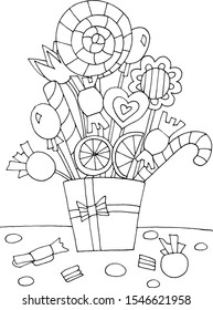 Hand drawn coloring page for kids and adults. Food illustration, candy, sweets, gift. Beautiful drawing with patterns and small details. Coloring pictures. Vector