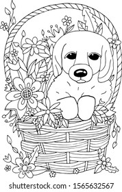 Hand drawn coloring page for kids and adults. Bouquet of flowers and dog in a wicker basket. Beautiful drawing with patterns and small details. Coloring pictures. Vector