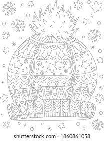 Hand drawn coloring page for kids and adults. Winter hat and snowflakes, holidays. Beautiful drawing with patterns and small details. Coloring pictures. Vector