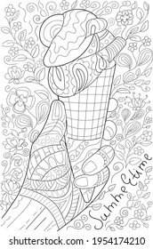 Hand drawn coloring page for kids and adults. Summer beach,  ice cream in hand and flowers. Beautiful drawing with patterns and small details. Coloring book pictures. Vector