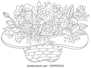 Hand drawn coloring page for kids and adults. Bouquet of flowers in a hat. Beautiful drawing with patterns and small details. Coloring book pictures. Vector