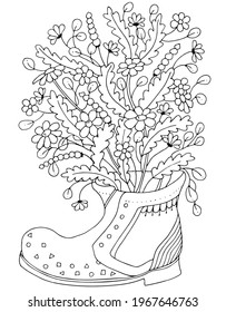 Hand drawn coloring page for kids and adults. Bouquet of flowers in a boot. Beautiful drawing with patterns and small details. Coloring book pictures. Vector