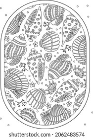 Hand drawn coloring page for kids and adults. Summer beach, sea shells, starfish, ocean. Beautiful drawing with patterns and small details. Coloring book pictures. Vector
