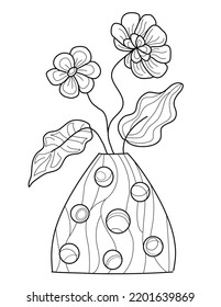 Página de coloreo dibujada a mano para niños y adultos. Bouquet de flores en jarrón. Bonito dibujo con motivos y pequeños detalles. Colores positivos de fotos de libros con flores florecientes, jardinería