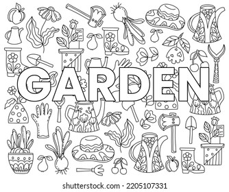 Hand drawn coloring page for kids and adults. Beautiful drawing with patterns and small details. Coloring book pictures with watering can, rubber boots, seeding, gardening tools, potted plants, fruits