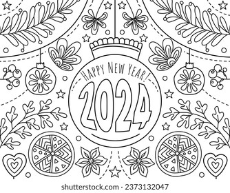 Hand drawn coloring page for kids and adults. Holiday greeting card Happy New Year 2024, Merry Christmas. Beautiful drawing with patterns and small details. Children Colouring book pictures. Vector