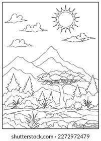 Hand drawn coloring page landscape mountain outline