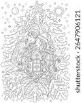 Hand drawn coloring page with loving family couple holding miniature house. Line art creative vector illustration. Happy New Year and Merry Christmas card concept