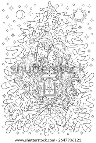 Hand drawn coloring page with loving family couple holding miniature house. Line art creative vector illustration. Happy New Year and Merry Christmas card concept