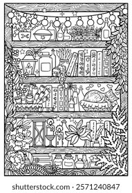 Hand drawn coloring page with magic shelves with ritual and witch objects, pots, healing plants, bottles, books and sleeping cat. Vector black and white line art illustration