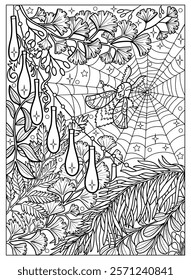 Hand drawn coloring page with moth, spider web, decorative leaves and garland with lights. Mystic spiritual nature background. Vector black and white line art illustration