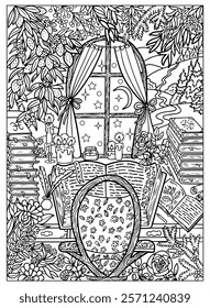 Hand drawn coloring page with mystic garden, plants and flowers, vintage chair and table with books and candles, magic window with fantasy landscape. Vector black and white line art illustration