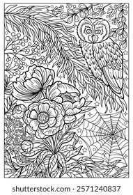 Hand drawn coloring page with owl bird, beautiful poppy flowers and spider web. Mystic spiritual nature background. Vector black and white line art illustration