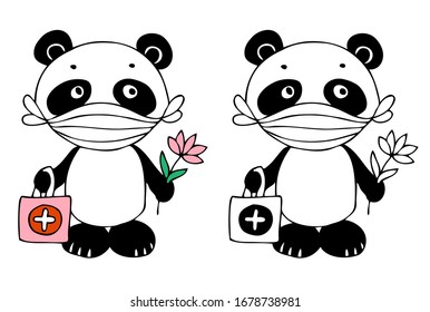 Hand drawn coloring page. Panda has wearing face mask. Cute illustration of panda - doctor. Vector illustration for concept quarantine and illness treatment coronavirus. 