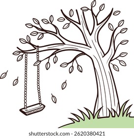 A hand drawn coloring page of a tree with a swing hanging from its branches design