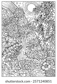 Hand drawn coloring page with waterfall, beautiful plant and trees, magic burning candles. Mystic spiritual nature background. Vector black and white line art illustration