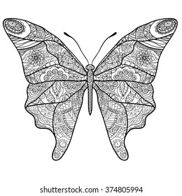 Hand drawn Coloring pages with butterfly, illustration for adult anti stress Coloring books or tattoos with high details isolated on white background. Vector monochrome sketch