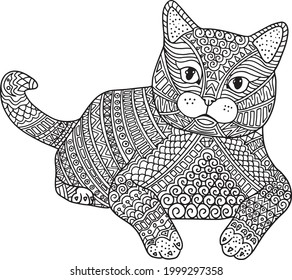 Hand drawn Coloring pages with cat  head, illustration for adult anti stress Coloring books with high details isolated on white background. Vector monochrome sketch
