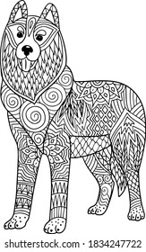 Hand Drawn Coloring Pages With Dog , Zentangle Illustration For Adult Anti Stress Coloring Books Or Tattoos With High Details Isolated On White Background. Vector Monochrome Sketch