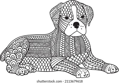 Hand drawn Coloring pages with  dog  , zentangle illustration for adult anti stress Coloring books or tattoos with high details isolated on white background. Vector monochrome sketch