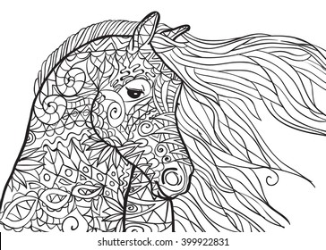 Hand drawn Coloring pages with 
horse's head, illustration for adult anti stress Coloring books with high details isolated on white background. Vector monochrome sketch