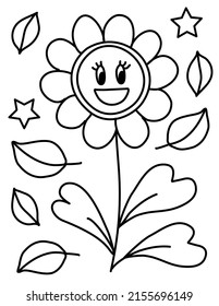 Hand drawn coloring pages for kids and adults. Beautiful drawings with patterns and details. Spring coloring book pictures with happy smiles, plants, flowers. Children activities.