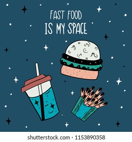 Hand Drawn coloring space fast food with fry potato, burger, coffe, pezza, egg card. Illustrations Drawing Vector Sketch for textile, print, poster, background, book, t-shirt print, design, 