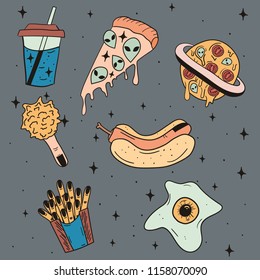 Hand Drawn coloring space fast food with fry potato, burger, coffee, pizza, egg card. Illustrations Drawing Vector Sketch for textile, print, poster, background, book, t-shirt print, design 