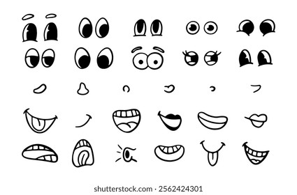 Hand drawn colorless doodle character facial parts and faces. Vector isolated mouths with smile and sticking out tongue, screaming and whistling. Eyes with eyelashes and brows, noses and mimics