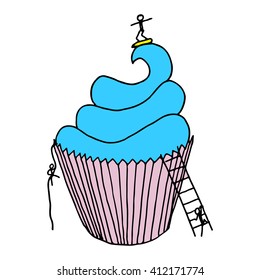 Hand drawn colors cake with surfer, man rappel and man climbing the stairs