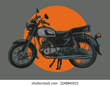 hand drawn colour motorcycle classic vector illustration clip art, line art collection