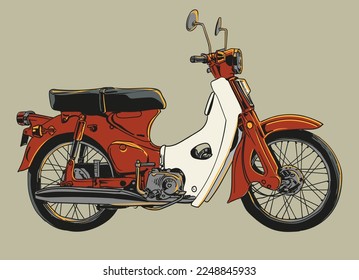 hand drawn colour motorcycle classic vector illustration clip art, line art collection