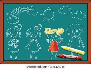 Hand drawn coloured chalk on blackboard illustration