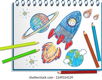 Hand drawn coloured crayon on paper illustration