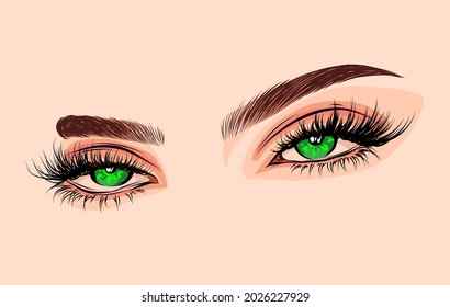 Hand drawn coloured eye with natural eyebrows. trendy makeup look. Template for social media, poster, brochures