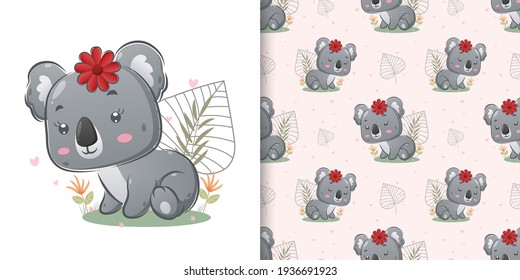 The hand drawn of the coloured koala with the cute flowers sitting on the garden of illustration