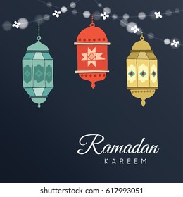 Hand drawn colourful  Arabic lamps, lanterns with a string of lights and flowers. Greeting card, invitation for Muslim community holy month Ramadan Kareem. Vector illustration. 