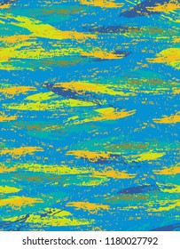 Hand Drawn Colourful Brush Daub Vector Pattern. Abstract Lines, Blue Background. Street Style Multicolor Design. 