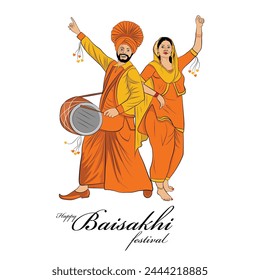 Hand drawn colourful couple dress, Indian traditional dress illustration, Man and woman performing Punjabi Dance